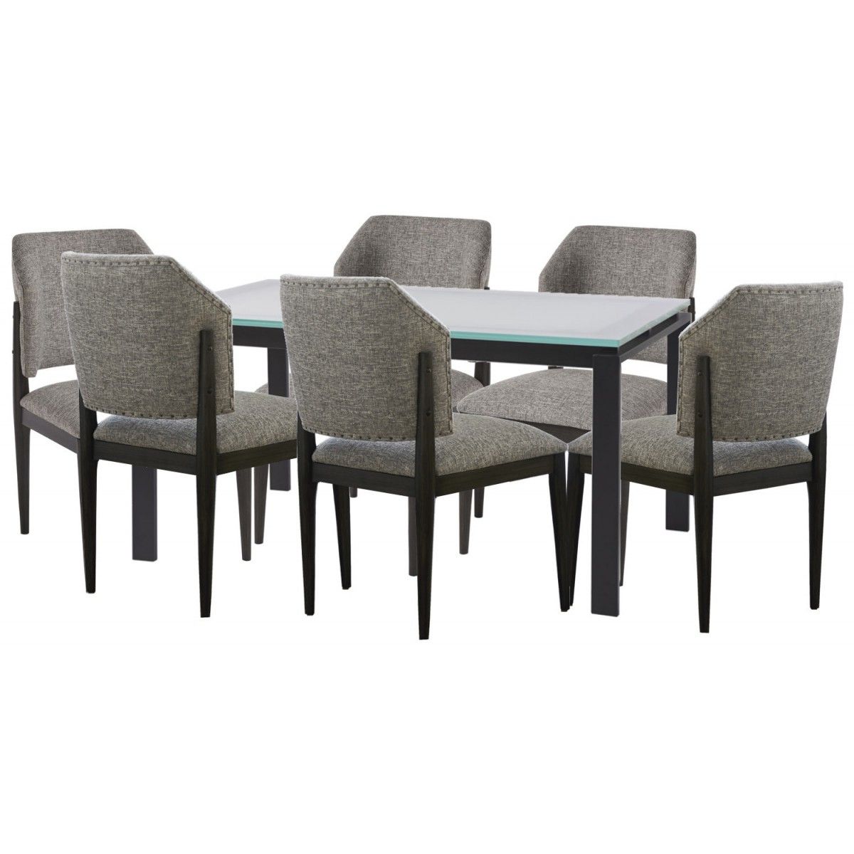 Universal Furniture Spaces Clayton 7pc Dining Table Set  Frosted Glass  Top#736 For Madison Park Rachel Grey Media Credenzas (View 26 of 30)