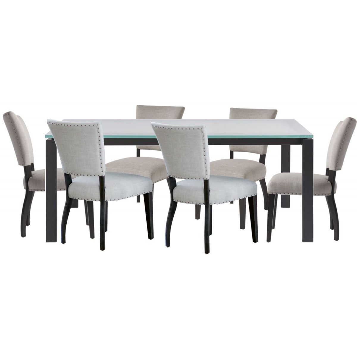 Universal Furniture Spaces Hamilton 7pc Dining Table Set  Frosted Glass  Top#732 Within Madison Park Rachel Grey Media Credenzas (Photo 19 of 30)