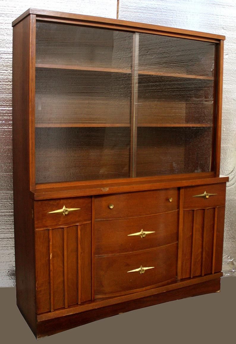 Vintage Antique Mid Century Modern "stanley" China Curio Cabinet Hutch  Server Buffet Sideboard Breakfront Walnut Wood Wooden 2 Glass Doors Regarding Wooden Curio Buffets With Two Glass Doors (View 17 of 30)
