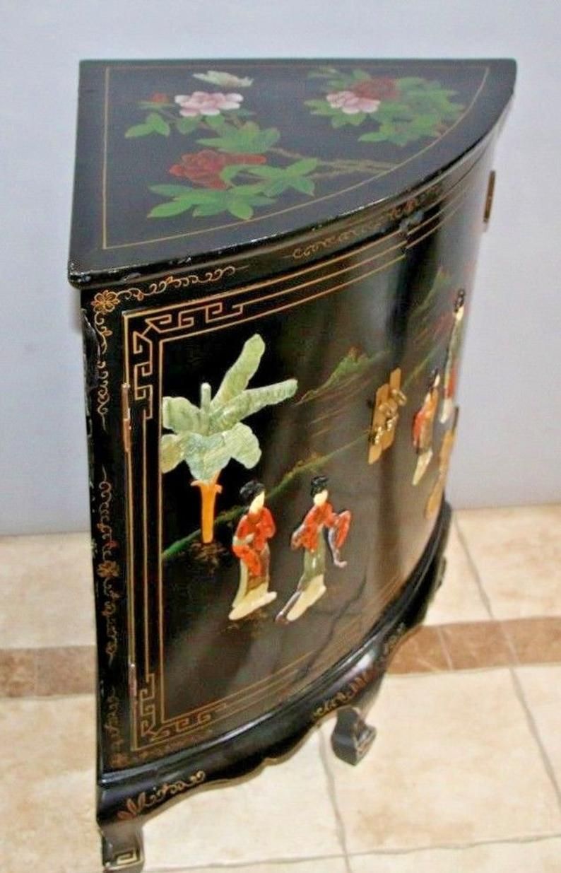 Vintage Black Asian Corner Cabinet Buffet Geisha Flower Theme Two Doors  Shelf Nationwide Shipping Available Please Call For Best Rates With Regard To 3 Shelf Corner Buffets (View 13 of 30)