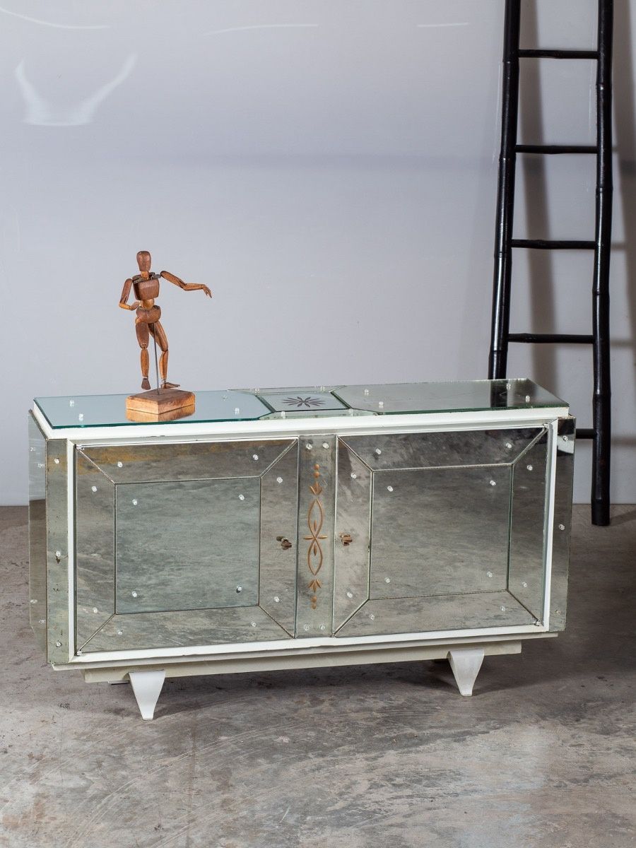 Vintage French Mirrored Two Door Buffet Credenza Circa 1940 Intended For Geometric Shapes Credenzas (Photo 29 of 30)