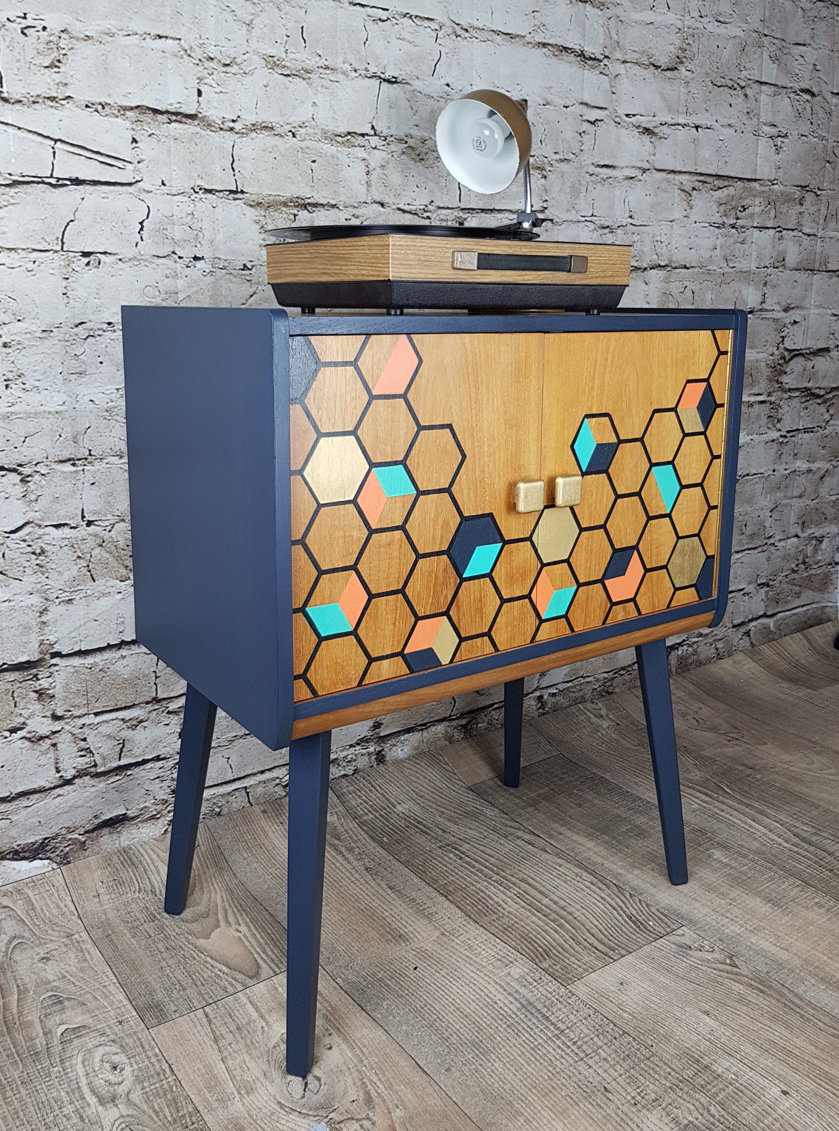 Vintage Record Cabinet Upcycled With Fusion Mineral Paint With Exagonal Geometry Credenzas (View 8 of 30)