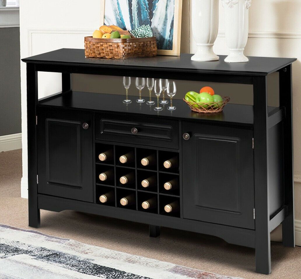 Wine Cabinet Home Bar Black Wood Bottle Rack Liquor Storage Holder Buffet  Table Intended For Buffets With Bottle And Glass Storage (View 3 of 30)
