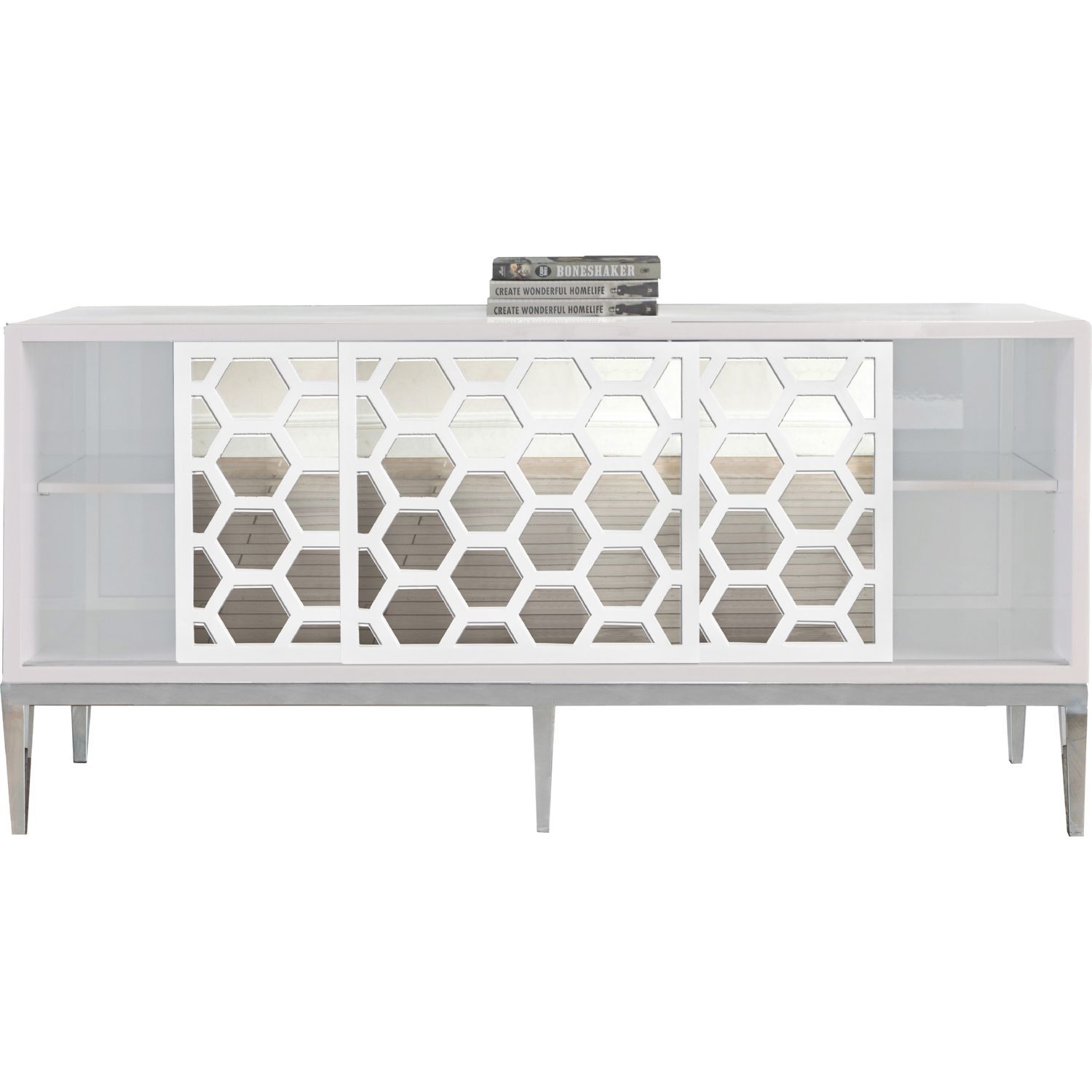 Zoey Sideboard / Buffet In White Lacquer & Mirror On Chrome With White Geometric Buffets (View 11 of 30)