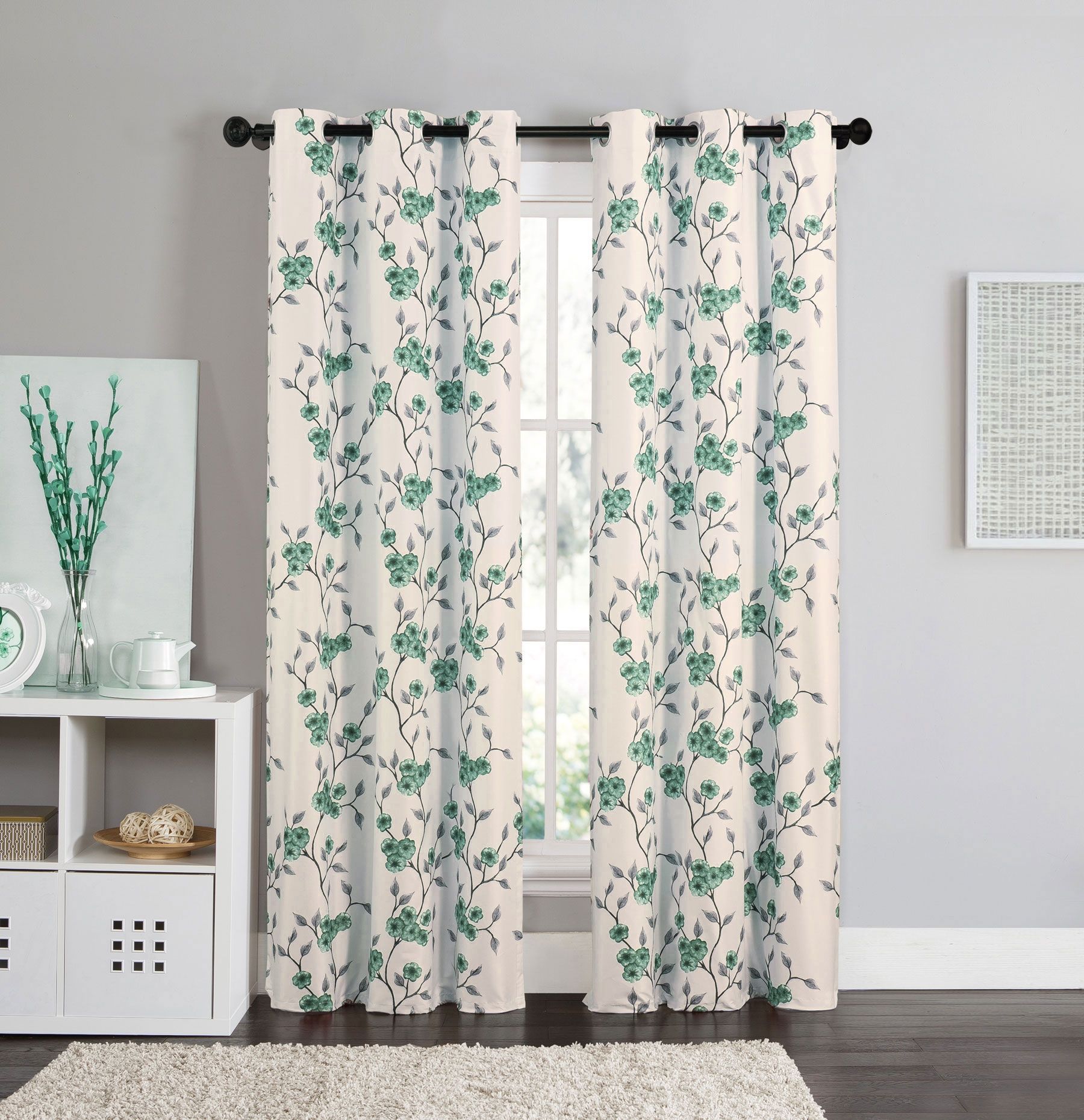 2 Blackout Room Darkening Window Curtains Grommet Panel Pair Drapes Thermal  Floral Teal Taupe 84” Inside Floral Pattern Room Darkening Window Curtain Panel Pairs (View 17 of 20)