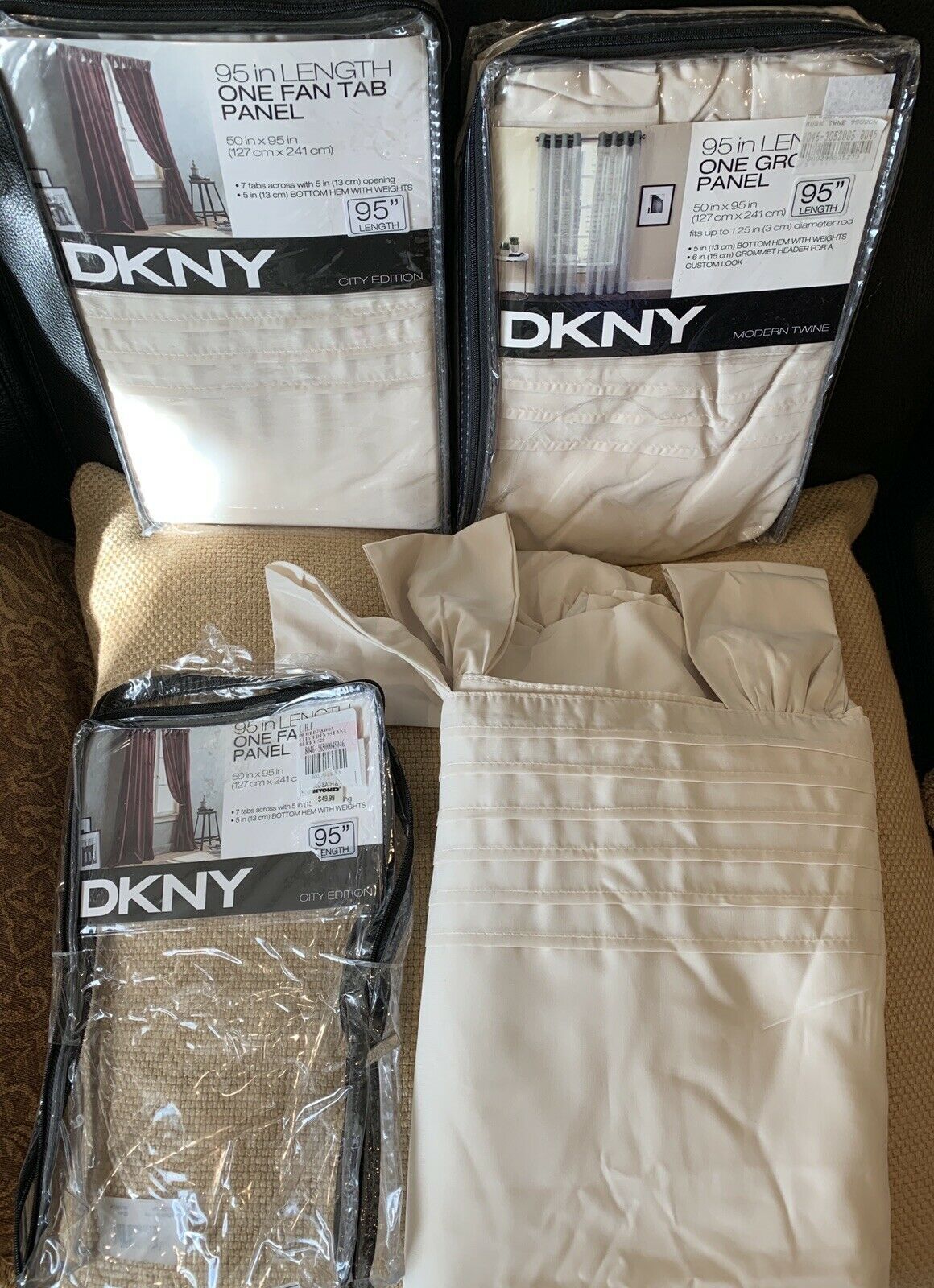 3 New Dkny City Edition Cream Window Curtain Tab Top Pleated Panels 50 X 95” Pertaining To Vue Elements Priya Tab Top Window Curtains (View 11 of 30)