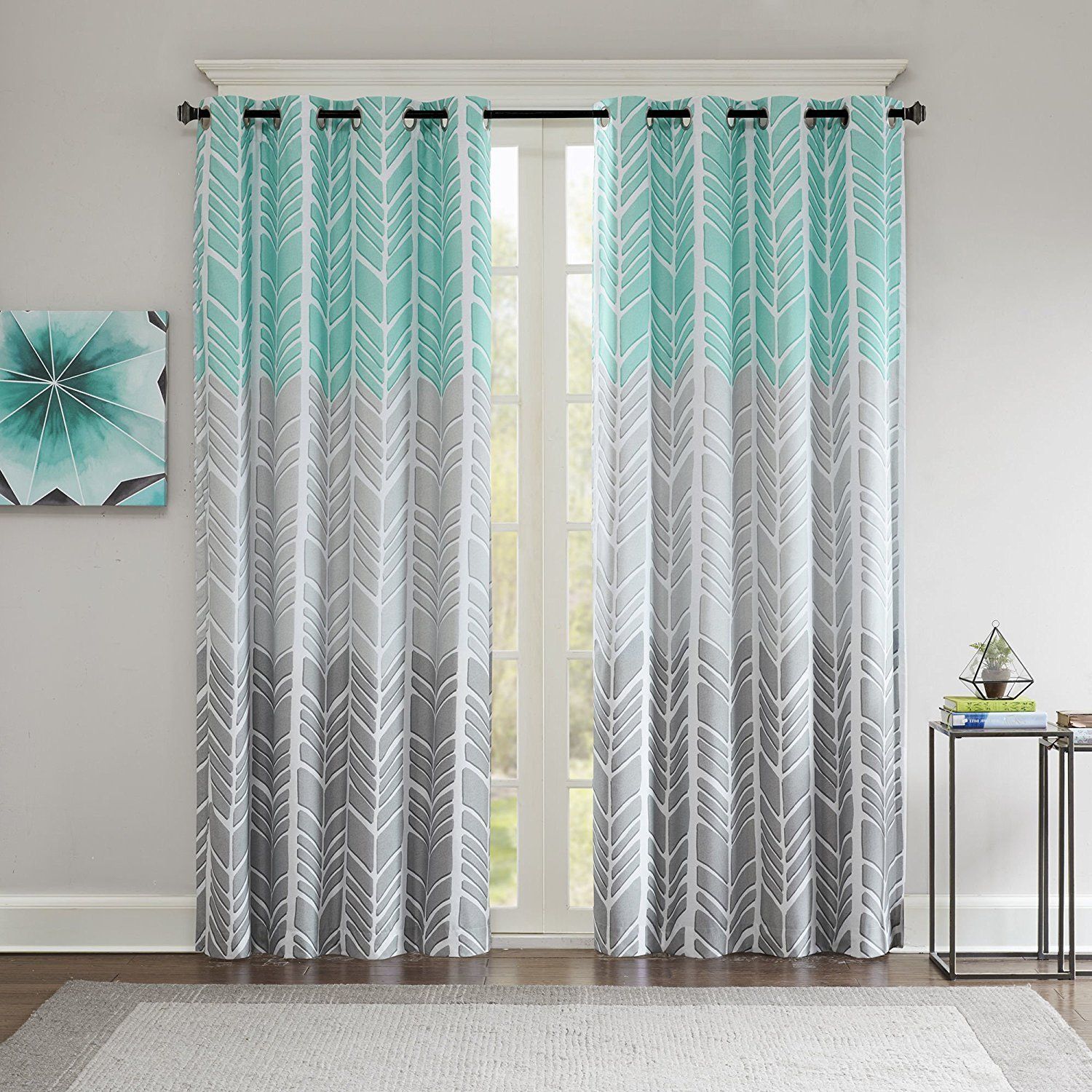 84 Inch Girls Aqua Color Geometric Printed Blackout Curtain Throughout Total Blackout Metallic Print Grommet Top Curtain Panels (View 17 of 36)