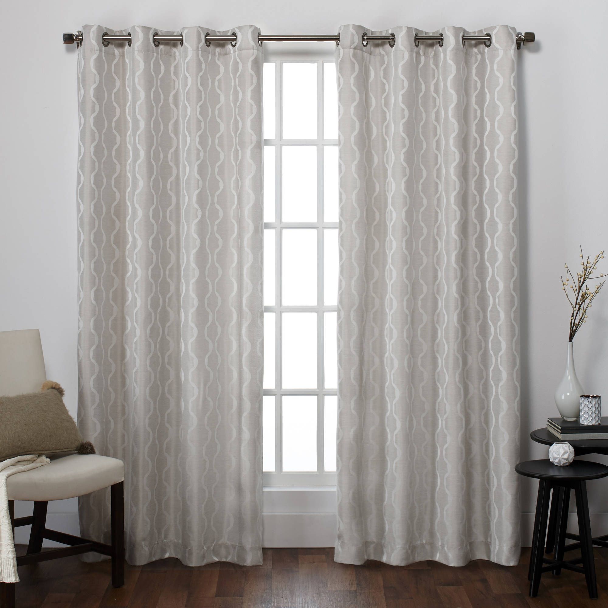 Baroque Textured Linen Look Jacquard Grommet Top Window Curtain Panels, Set  Of 2, Pewter, 54" X 108" Intended For Twig Insulated Blackout Curtain Panel Pairs With Grommet Top (View 28 of 30)