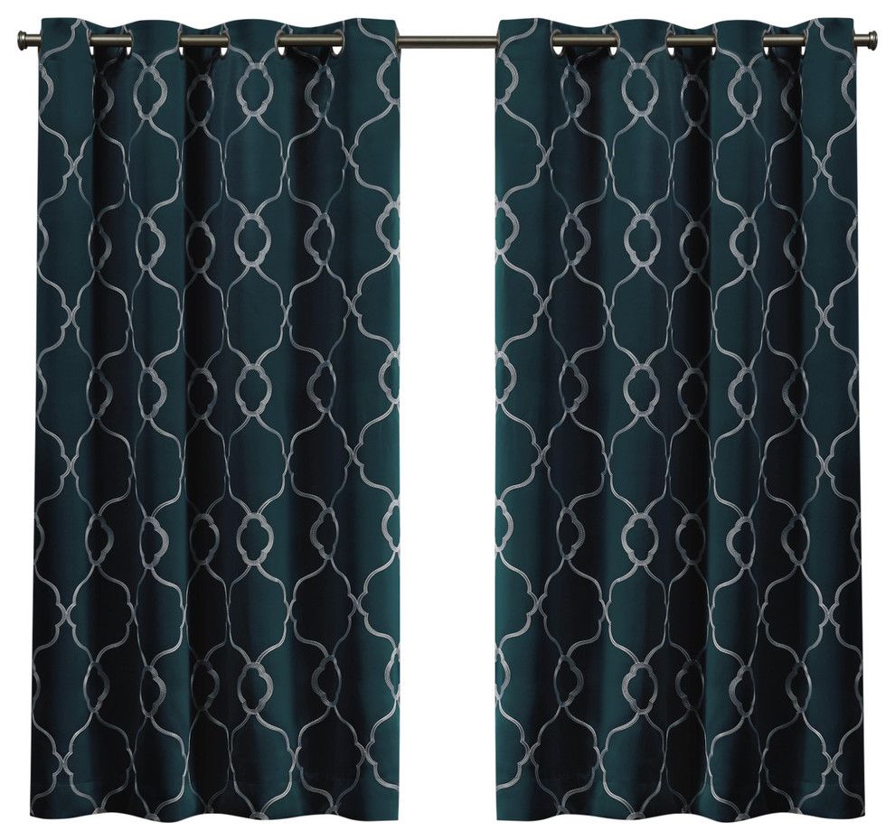 Belmont Embroidered Blackout Grommet Top Curtain Panel Pair Sapphire Teal  52x63 Throughout Baroque Linen Grommet Top Curtain Panel Pairs (View 16 of 20)