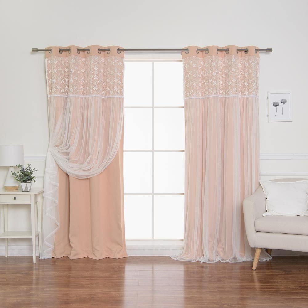 Best Home Fashion Indie Pink 84 In. L Irene Lace Overlay Blackout Curtain  Panel (2 Pack) In Star Punch Tulle Overlay Blackout Curtain Panel Pairs (Photo 14 of 30)