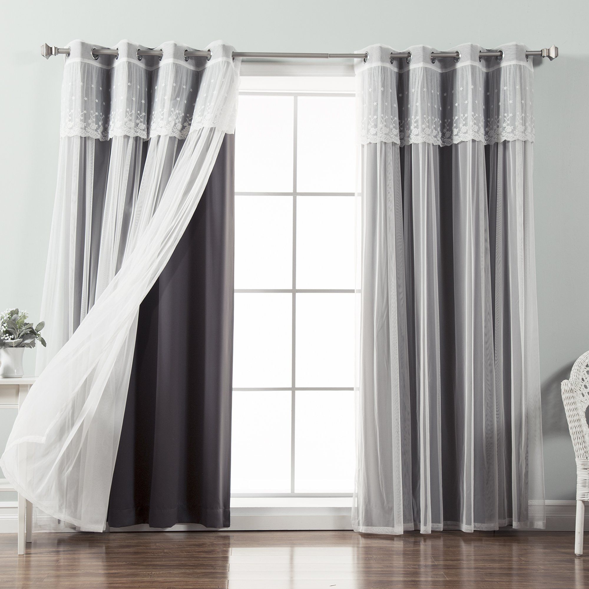 Best Home Fashion Mix And Match Tulle Sheer With Attached Throughout Tulle Sheer With Attached Valance And Blackout 4 Piece Curtain Panel Pairs (View 5 of 30)