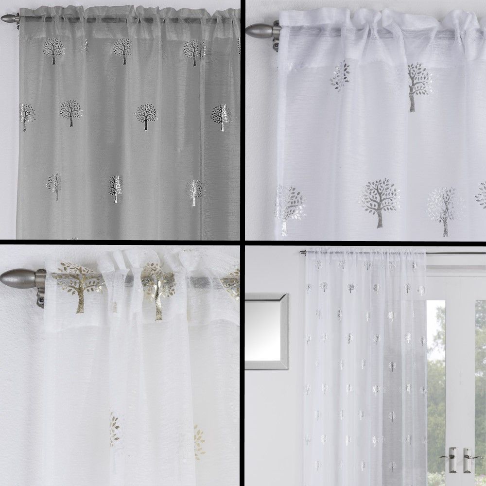 Details About Birch Slot Top Voile Curtain Panel White Cream Silver Grey Inside Overseas Leaf Swirl Embroidered Curtain Panel Pairs (View 12 of 20)