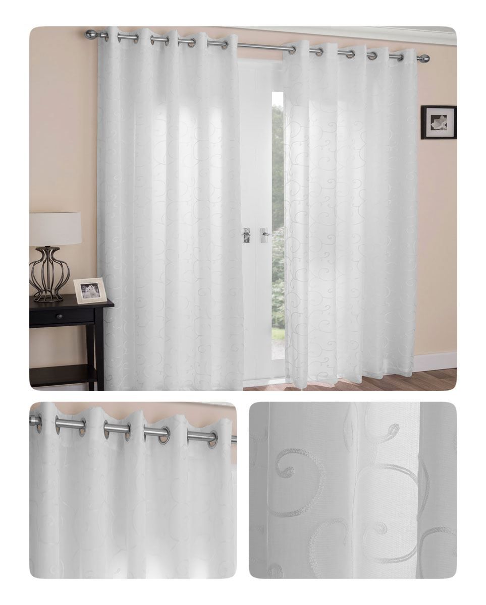 Details About White Eyelet Curtains Venice Swirl Lined Voiles Ring Top  Curtain Pairs Inside Overseas Leaf Swirl Embroidered Curtain Panel Pairs (View 7 of 20)
