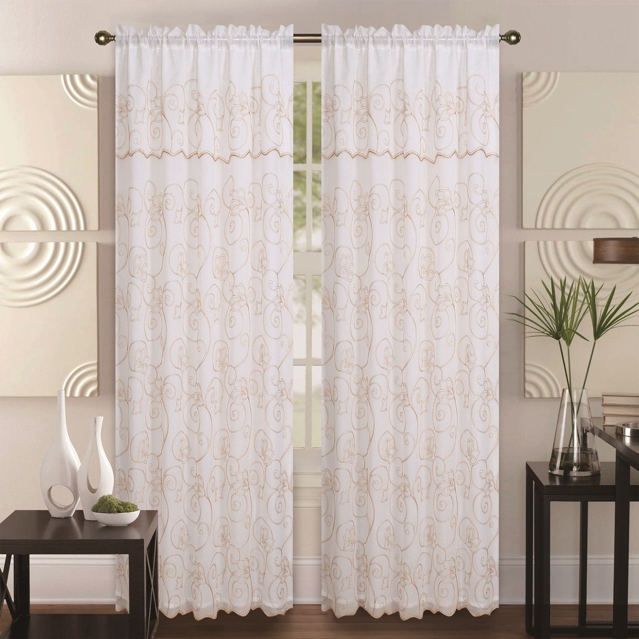 Double Layer Embroidery Floral Sheer Linen Front / Faux Silk Back Rod  Pocket Valance Decorative Curtain Panel 55x84 Inch, Selma Single Drape Panel Intended For Double Layer Sheer White Single Curtain Panels (Photo 9 of 20)