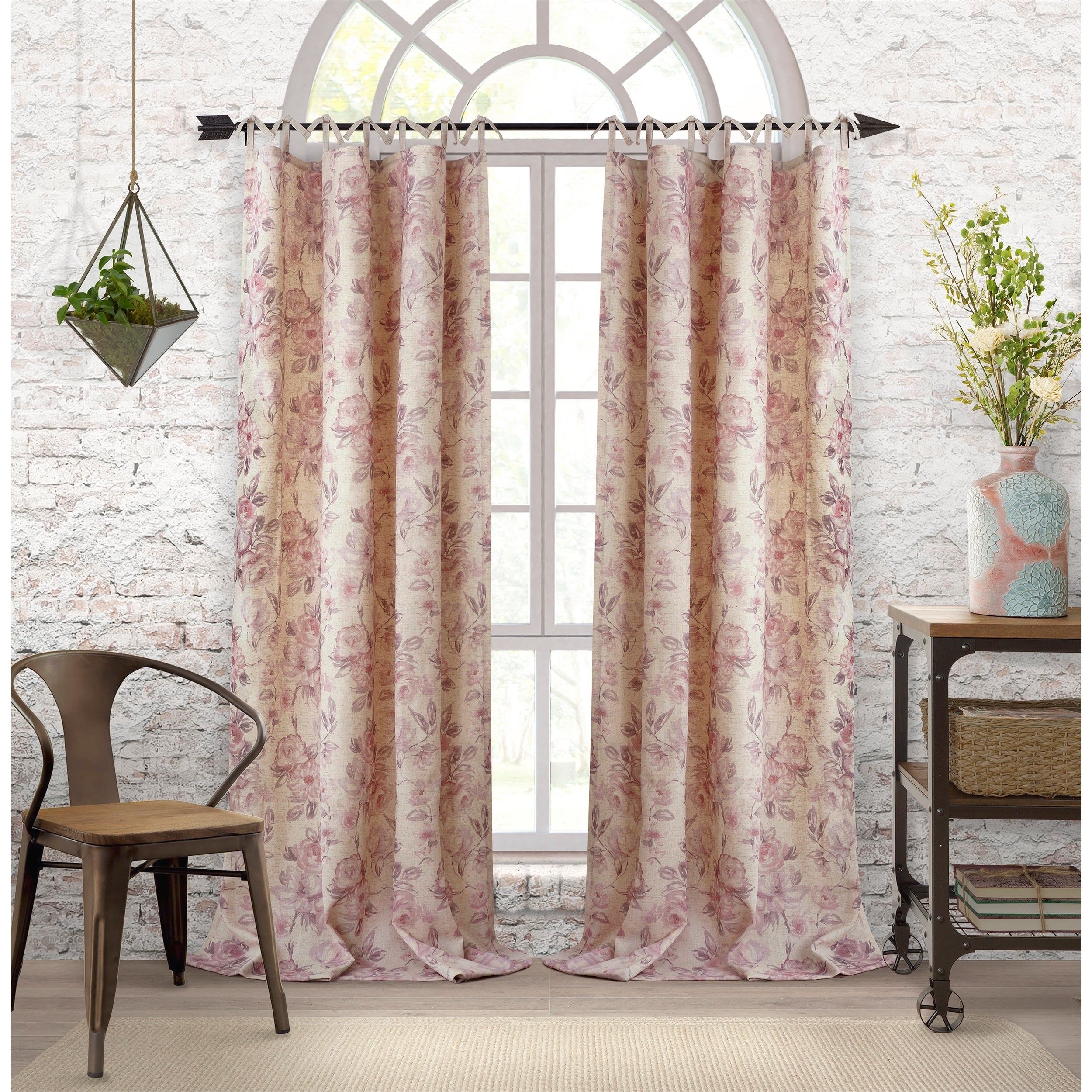 Elrene Annalise Floral Linen Tie Top Window Curtain In Elrene Jolie Tie Top Curtain Panels (View 8 of 20)