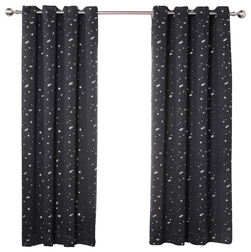 Grommet Star Print Thermal Insulated Blackout Curtains, Pair, Black, 63" With Antique Silver Grommet Top Thermal Insulated Blackout Curtain Panel Pairs (View 18 of 20)