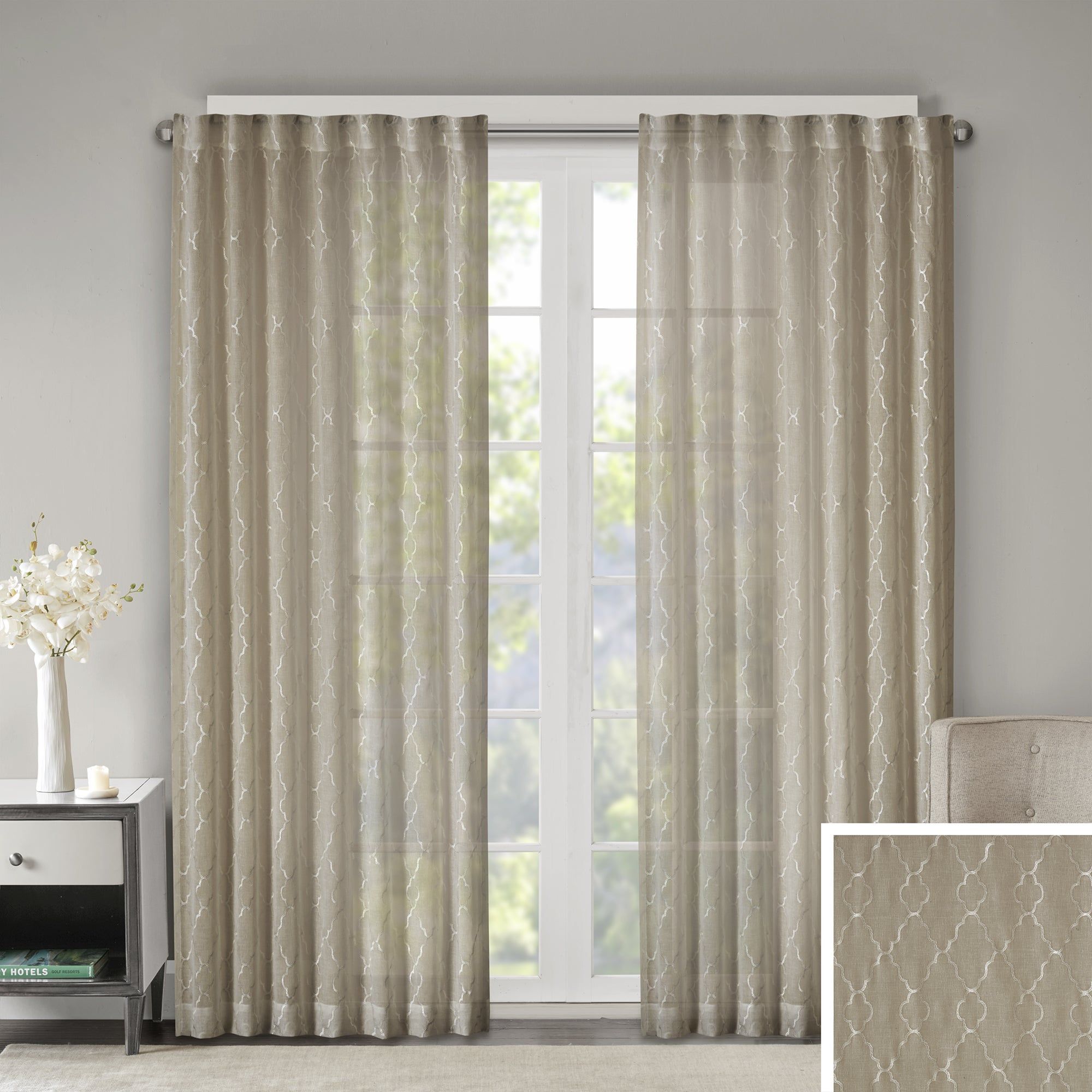 Madison Park Etelle Fret Embroidered Sheer Curtain Panel With Kida Embroidered Sheer Curtain Panels (View 17 of 20)