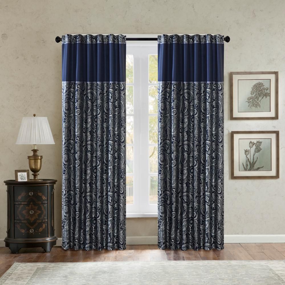Madison Park Whitman Navy 50 In. X 95 In. (2) Jacquard Panel Pair With Whitman Curtain Panel Pairs (Photo 12 of 30)