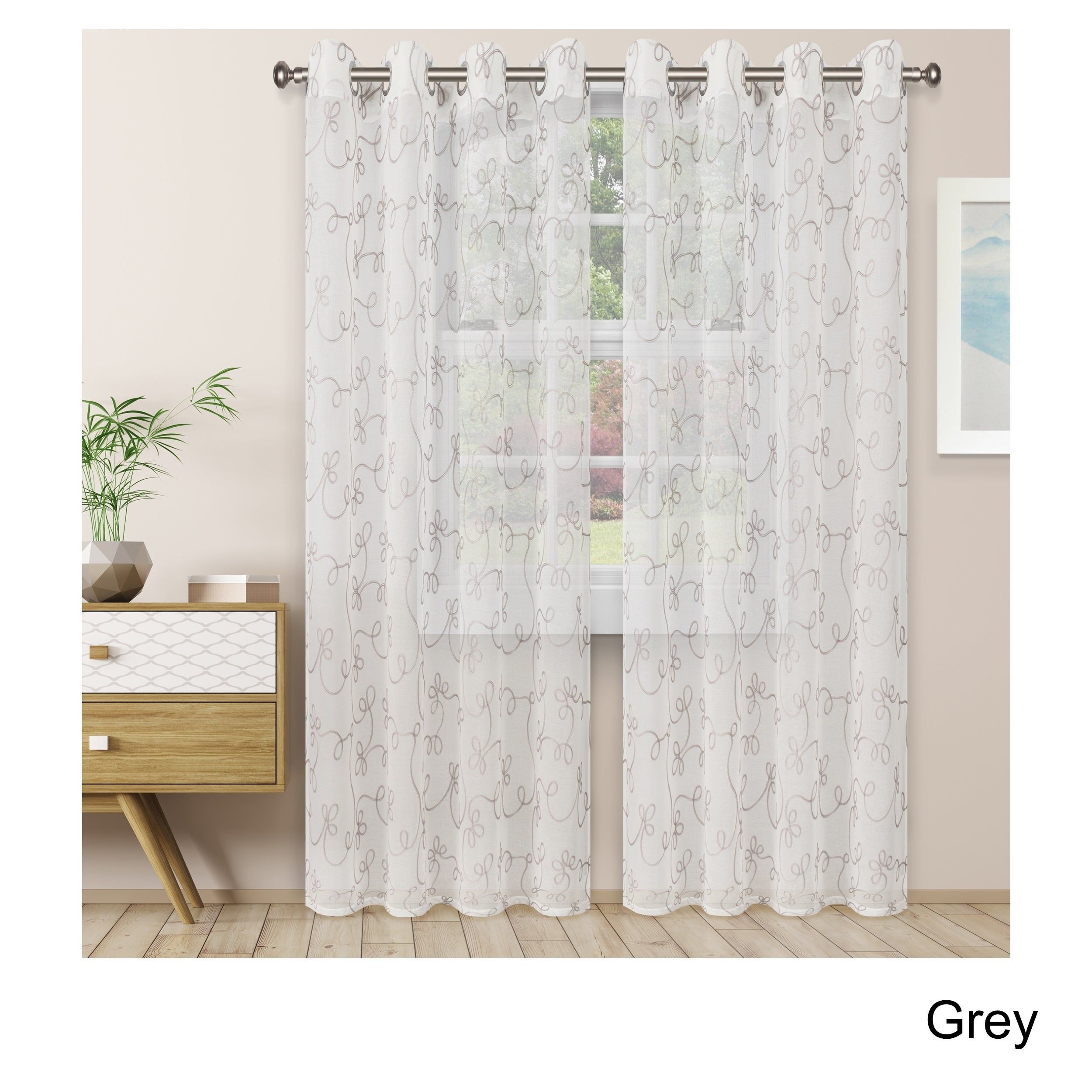 Superior Embroidered Scroll Sheer Grommet Curtain Panel Pair In Overseas Leaf Swirl Embroidered Curtain Panel Pairs (View 3 of 20)