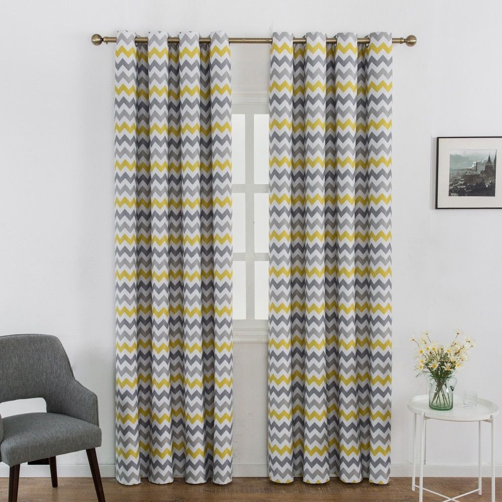 Us $12.75 42% Off|printed Geometric Wave Blackout Window Treatment Drapes  Curtains For Living Room Bedroom Custom Made Yellow Gray In Curtains From Regarding Geometric Linen Room Darkening Window Curtains (Photo 15 of 20)