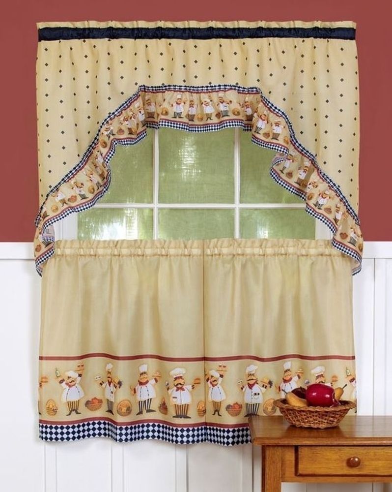 3 Pc Fat Italian/french Chef Printed Tiers & Swag Curtain Pertaining To Sunflower Cottage Kitchen Curtain Tier And Valance Sets (Photo 8 of 20)