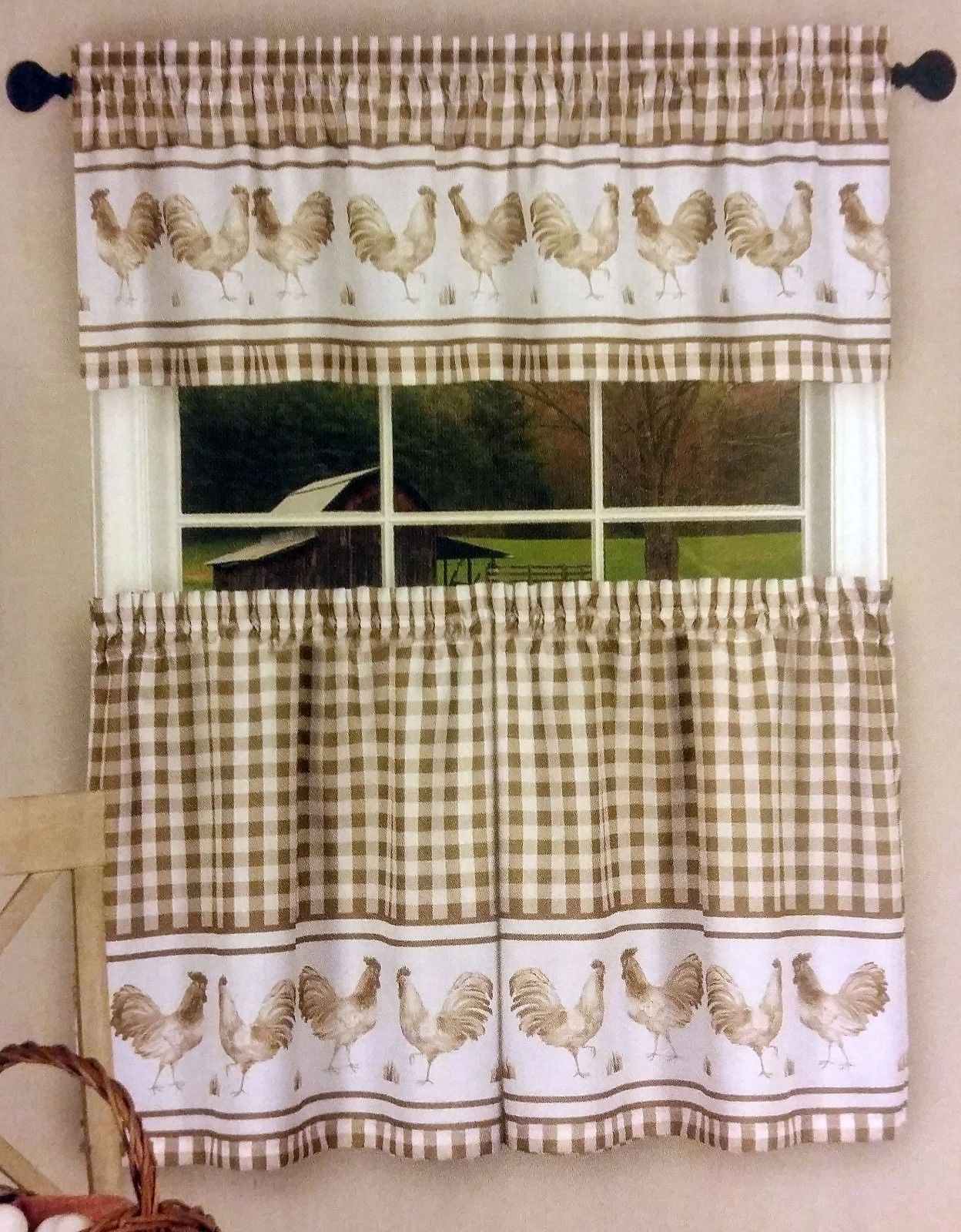 3 Pc Kitchen Curtains Set, Roosters And 18 Similar Items Intended For Barnyard Buffalo Check Rooster Window Valances (Photo 16 of 20)