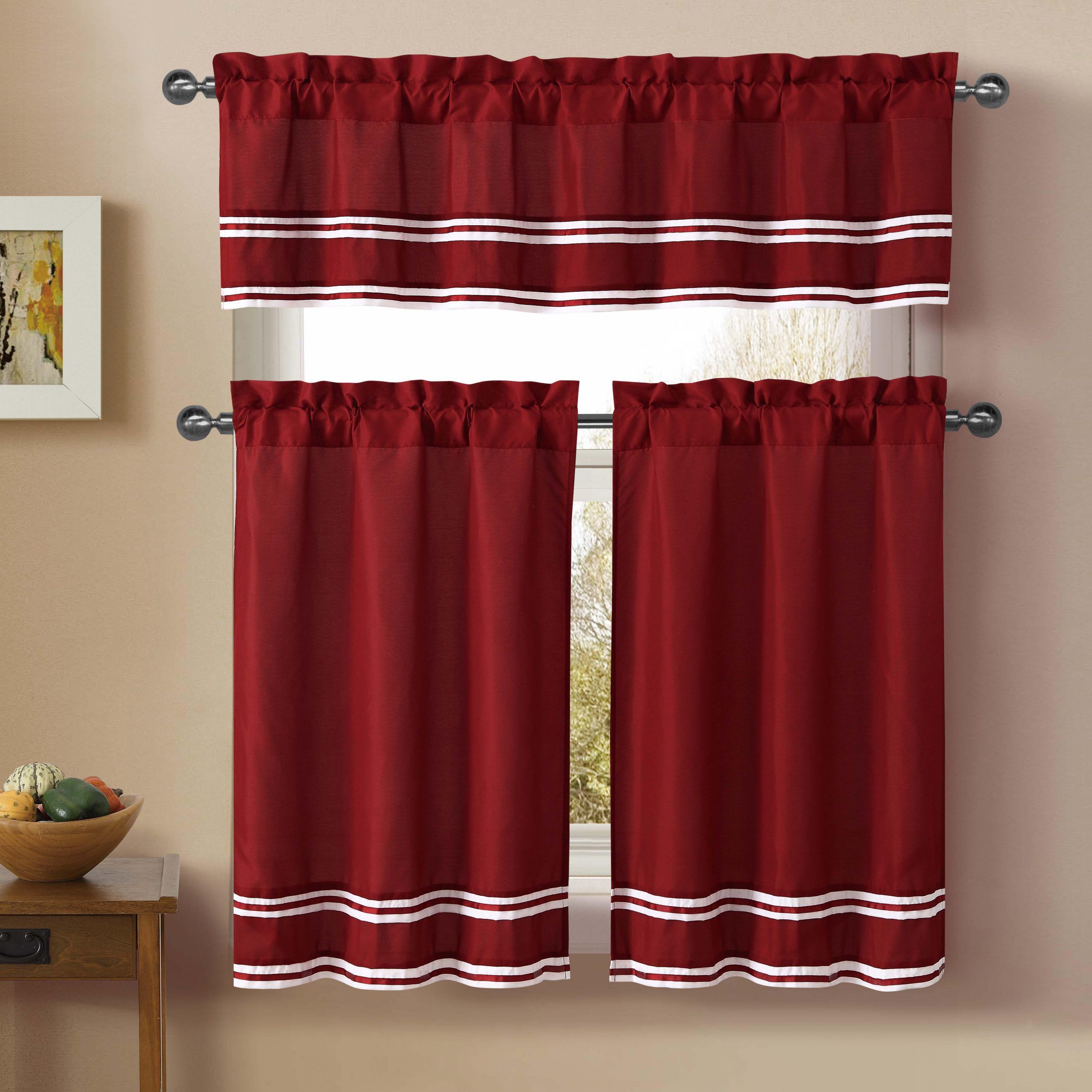 3 Piece Kitchen Cafe/tiers Window Treatment Set: Pintuck Accent Stripes, 2  Tier Panels, 1 Valance (red) Inside Pintuck Kitchen Window Tiers (View 10 of 20)