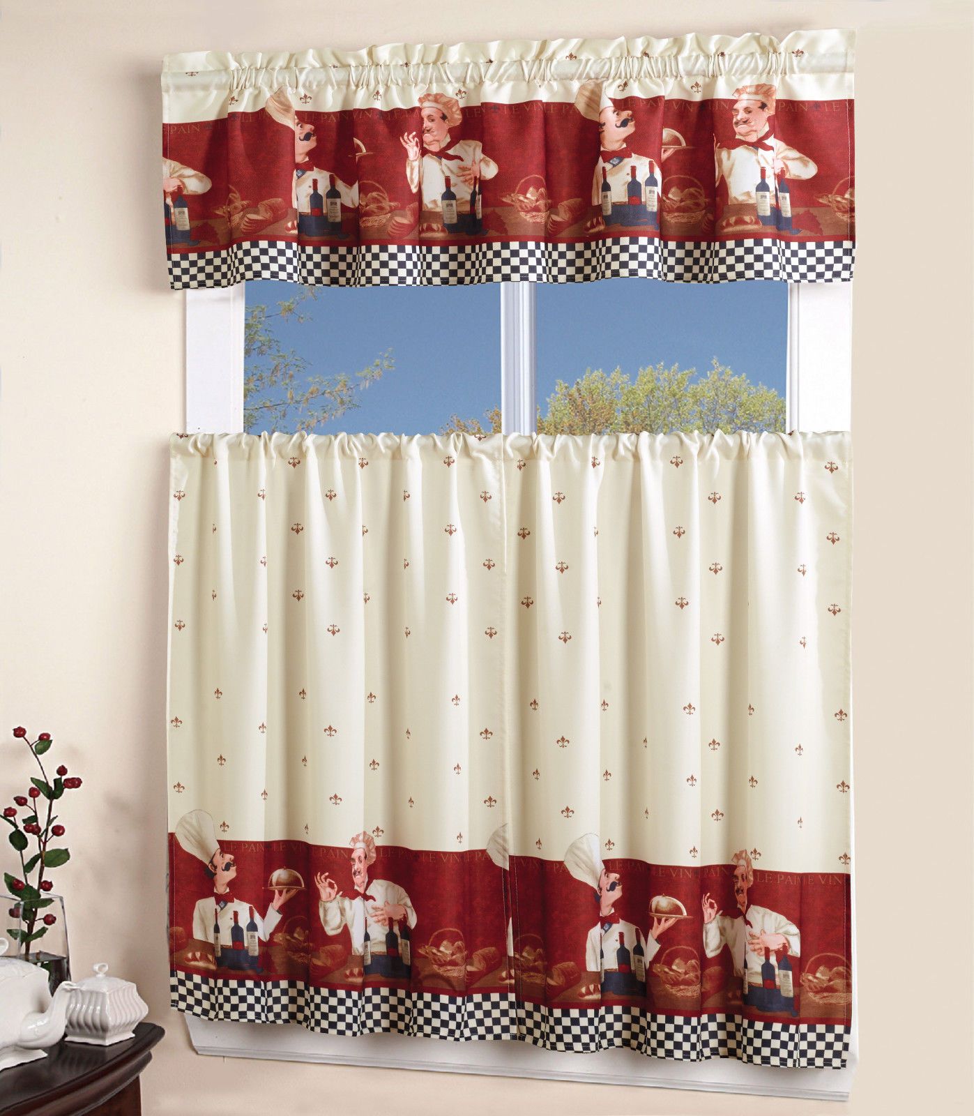 3 Piece Kitchen Curtain With Swag And Tier Window Treatment Set Chef  Sunflower With Regard To Chocolate 5 Piece Curtain Tier And Swag Sets (View 19 of 20)