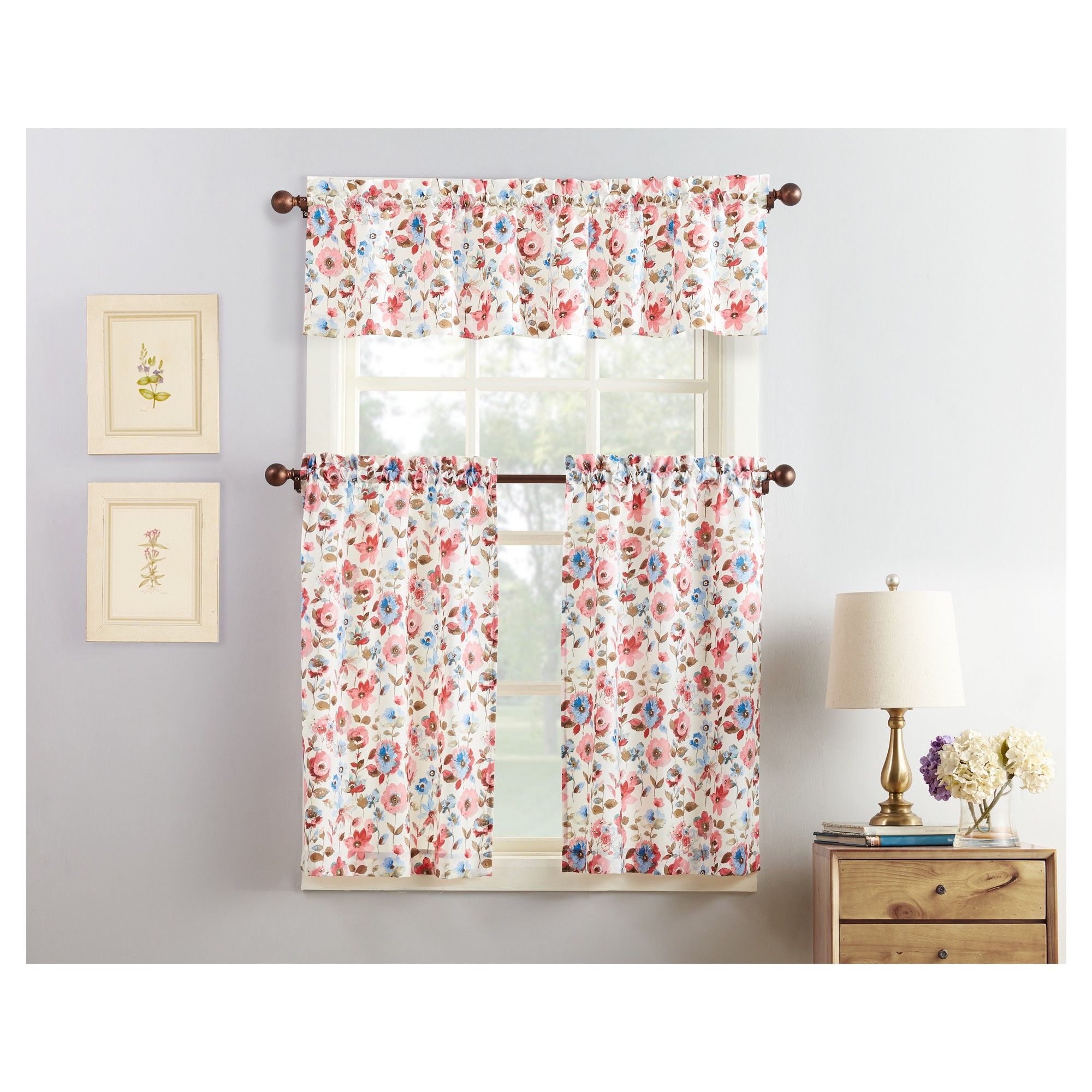 36"x27" Dora Floral Print Microfiber 3pc Kitchen Curtain Pertaining To Floral Watercolor Semi Sheer Rod Pocket Kitchen Curtain Valance And Tiers Sets (Photo 2 of 20)
