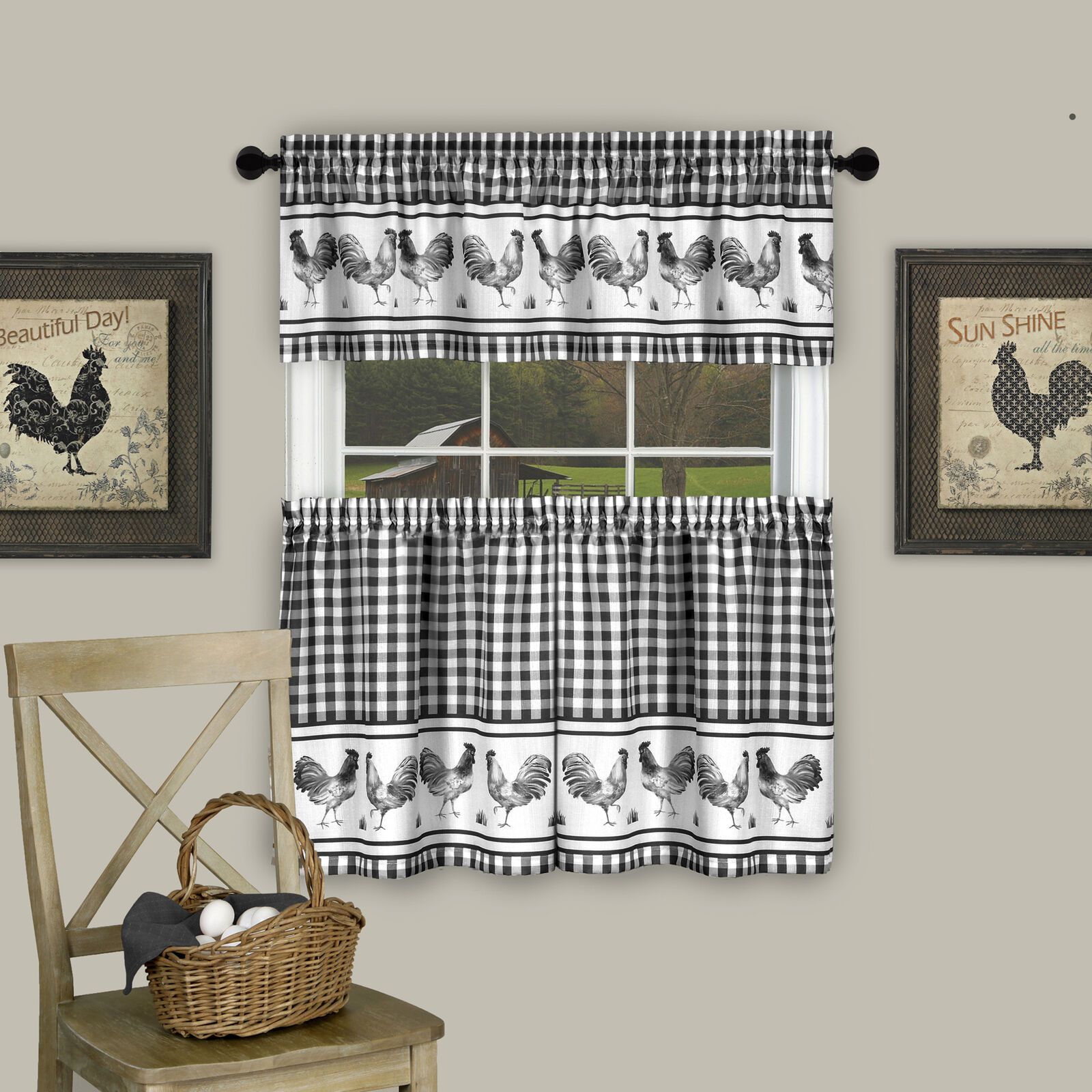 3pc Kitchen Curtain Set, Check Gingham Plaid Rooster, Tier Panels And  Valance Regarding Live, Love, Laugh Window Curtain Tier Pair And Valance Sets (View 3 of 20)