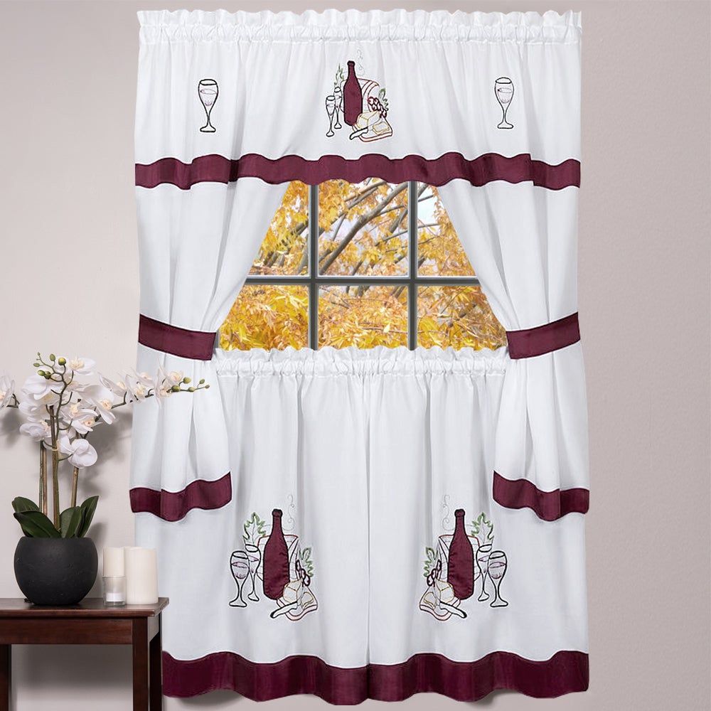 5 Piece Burgundy Embroidered Cabernet Kitchen Curtain Set (24 Inches Or 36  Inches) Pertaining To Embroidered &#039;coffee Cup&#039; 5 Piece Kitchen Curtain Sets (View 3 of 20)