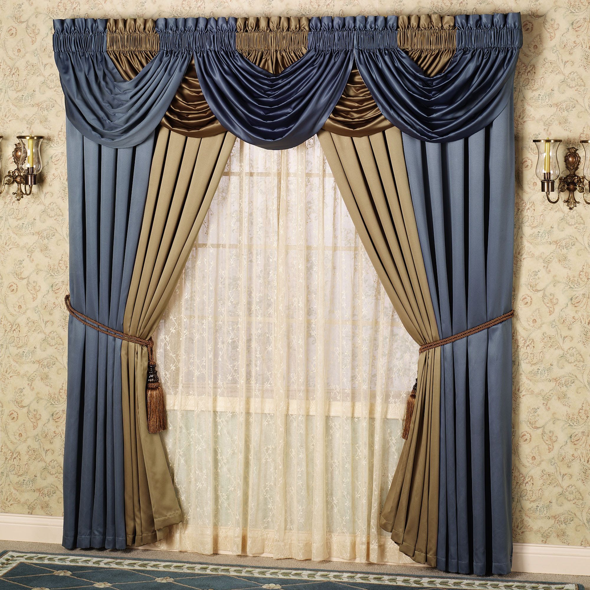 53 Elegant Kitchen Curtains Valances, Elegant Living Room With Navy Vertical Ruffled Waterfall Valance And Curtain Tiers (View 13 of 20)