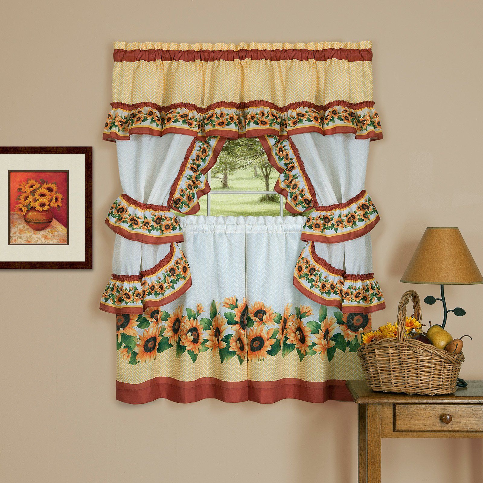 Achim Black Eyed Susan Cottage Sunflower Curtain Set For Sunflower Cottage Kitchen Curtain Tier And Valance Sets (View 2 of 20)