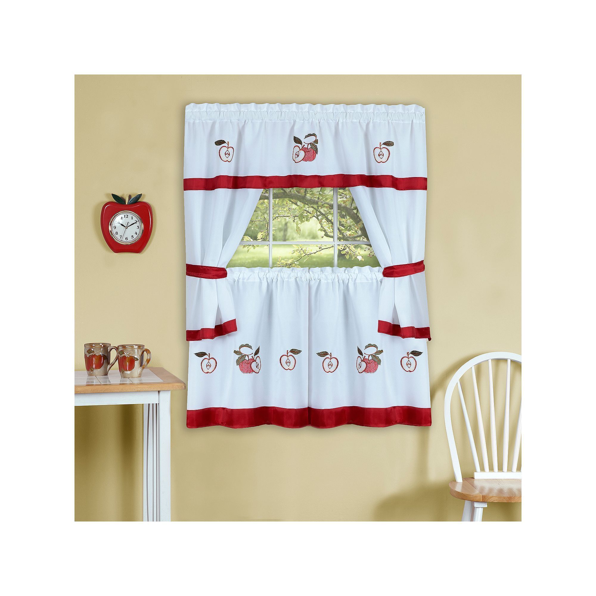 Achim Gala Tier Kitchen Window Curtain Set, Red, 58x36 In Inside Barnyard Window Curtain Tier Pair And Valance Sets (View 13 of 20)