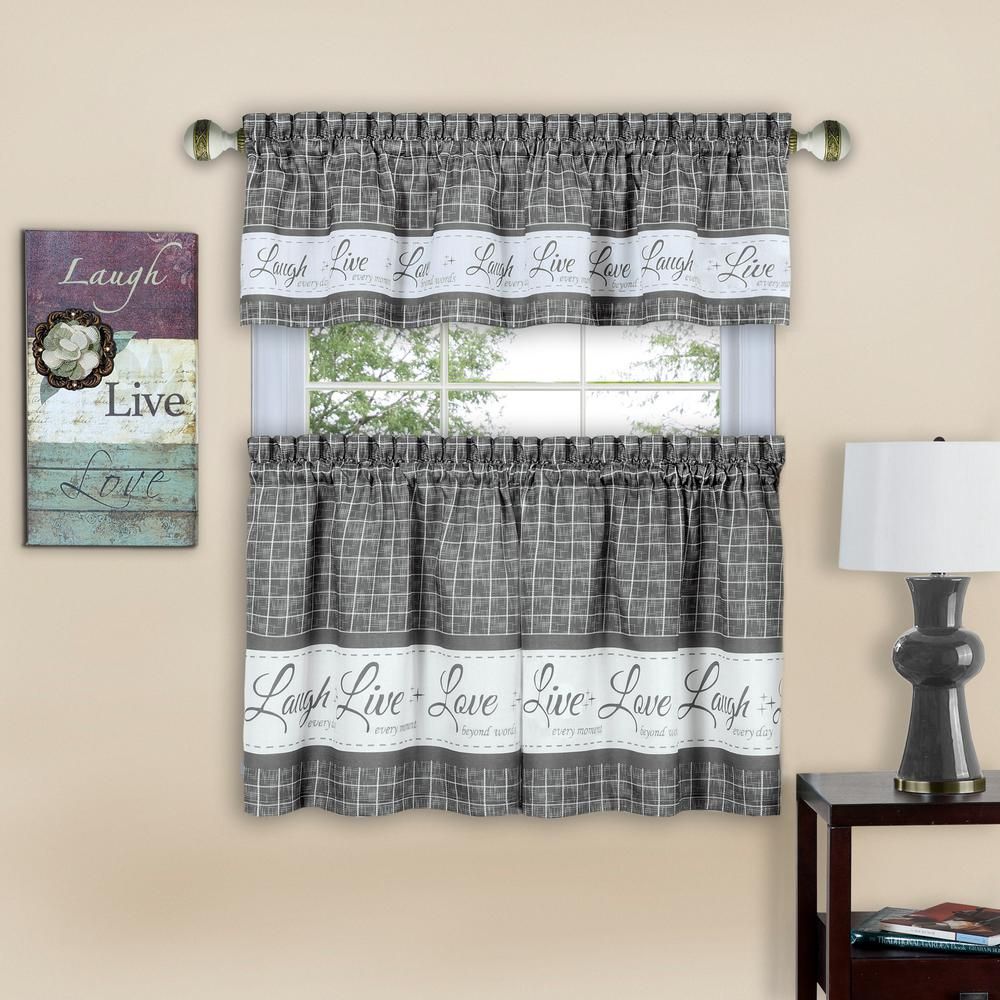 Achim Live, Love, Laugh 58 In. W X 24 In. L Grey Polyester Tier And Valance  Curtain Set For Grey Window Curtain Tier And Valance Sets (Photo 4 of 20)
