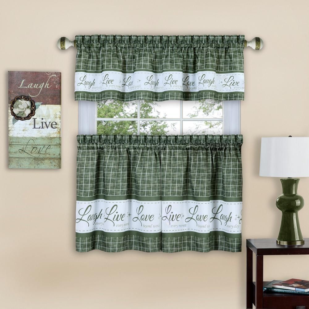 Achim Live, Love, Laugh 58 In. W X 36 In. L Green Polyester Tier And  Valance Curtain Set With Regard To Coastal Tier And Valance Window Curtain Sets (Photo 9 of 20)