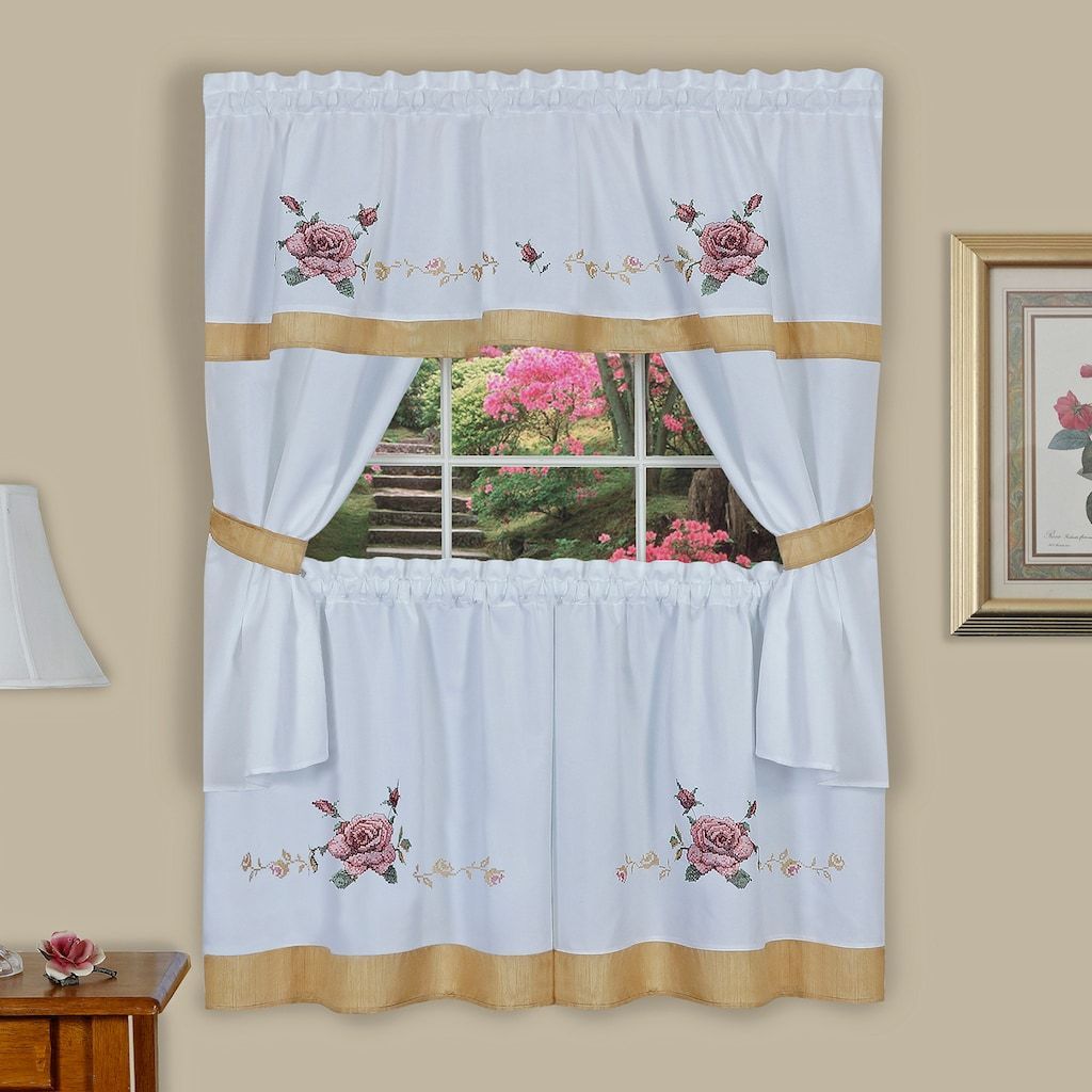Achim Rose Cross Stitch Embroidered Tier & Swag Valance With Regard To Multicolored Printed Curtain Tier And Swag Sets (View 6 of 20)