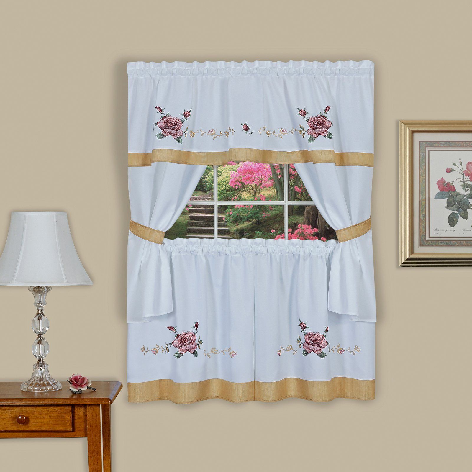 Achim Rose Embellished Cottage Window Curtain Set In 2019 Throughout 5 Piece Burgundy Embroidered Cabernet Kitchen Curtain Sets (View 5 of 20)