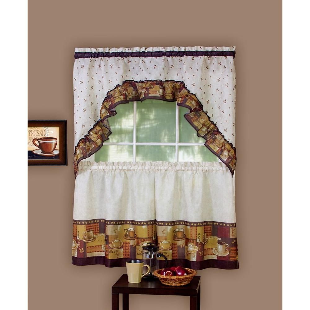 Achim Semi Opaque Coffee Tailored Polyester 57 In. W X 36 In. L Printed  Tier And Swag Set (3 Piece Set) Regarding Chardonnay Tier And Swag Kitchen Curtain Sets (Photo 3 of 20)