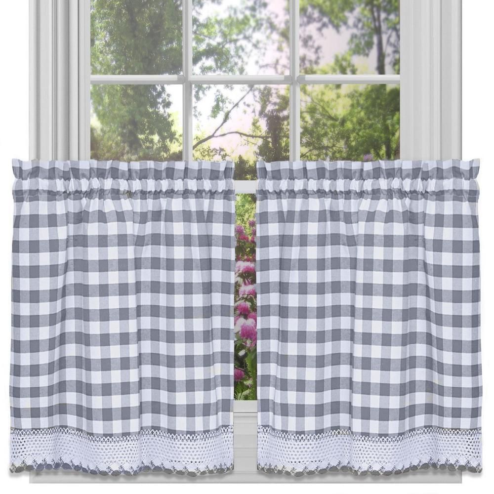 Achim Sheer Buffalo 24 In. L Polyester Window Curtain Set In Grey Inside Classic Navy Cotton Blend Buffalo Check Kitchen Curtain Sets (Photo 17 of 20)