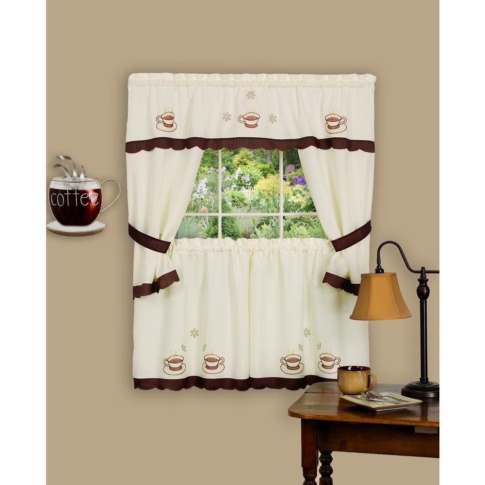 Achim Sheer Cuppa Joe 36 In. L Embellished Cottage Window Curtain Set In  Brown For Chateau Wines Cottage Kitchen Curtain Tier And Valance Sets (Photo 12 of 20)