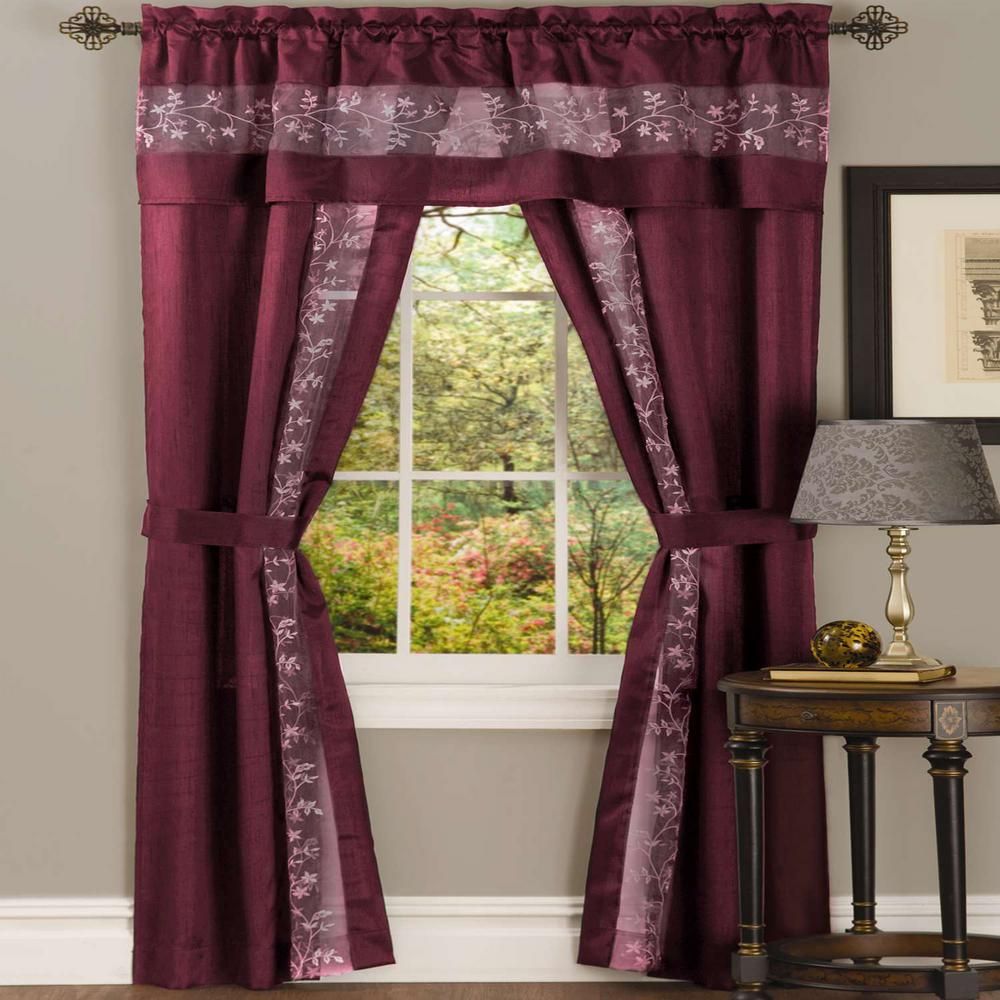 Achim Sheer Fairfield Burgundy Window Curtain Set – 55 In. W X 84 In. L Regarding Embroidered Floral 5 Piece Kitchen Curtain Sets (Photo 18 of 20)