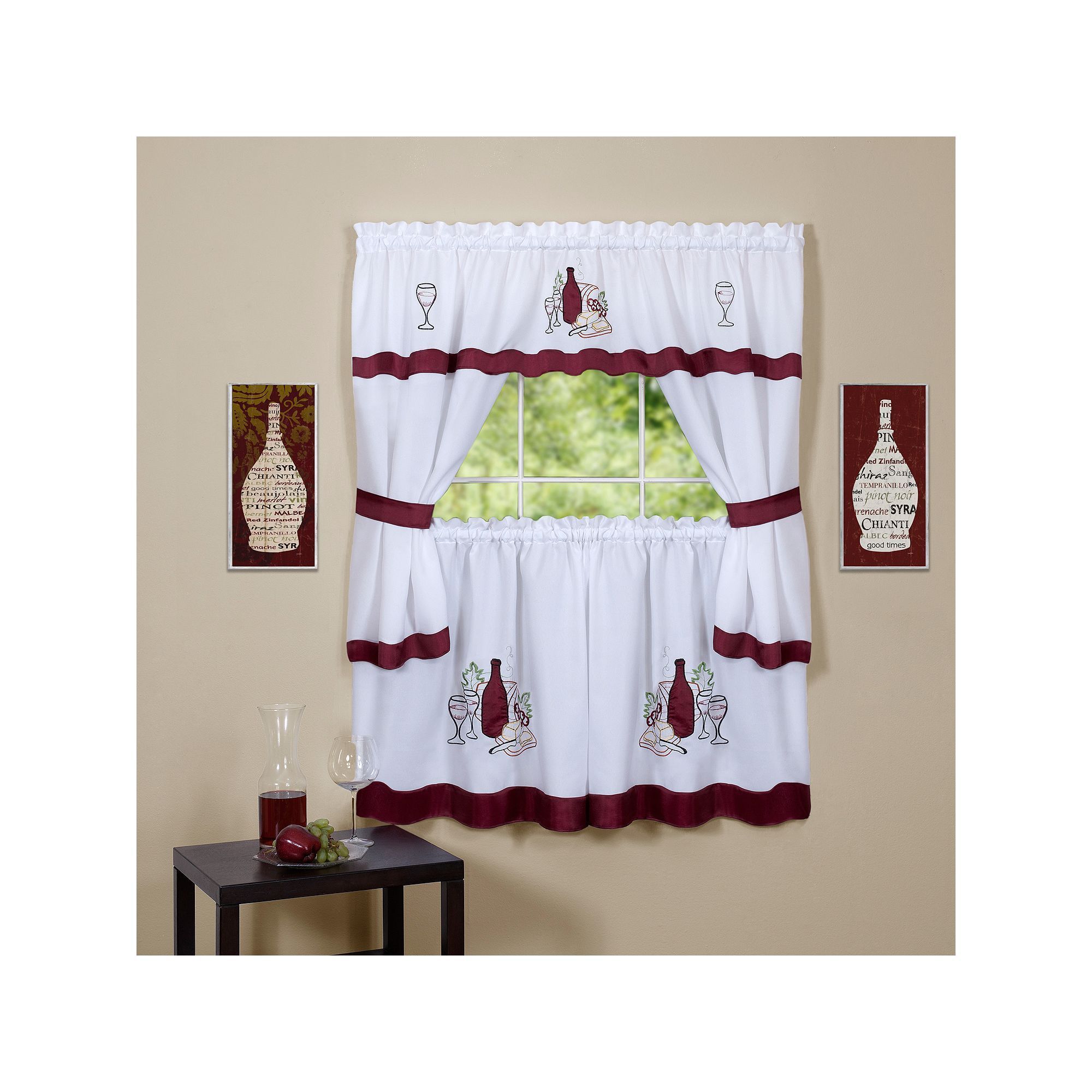 Achim Wine & Cheese Kitchen Tier & Swag Set, Red, 58x24 In For 5 Piece Burgundy Embroidered Cabernet Kitchen Curtain Sets (View 6 of 20)