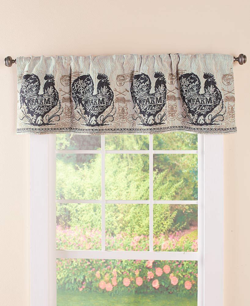 Agrarian French Country Rooster Tapestry Valance Rooster Farmhouse Valance Within Barnyard Buffalo Check Rooster Window Valances (Photo 10 of 20)