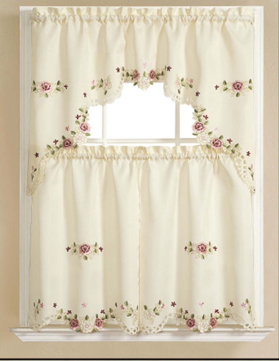 Alisha Elegant Embroidered Kitchen Curtain Swag & Tiers Set Intended For Floral Embroidered Sheer Kitchen Curtain Tiers, Swags And Valances (View 6 of 20)