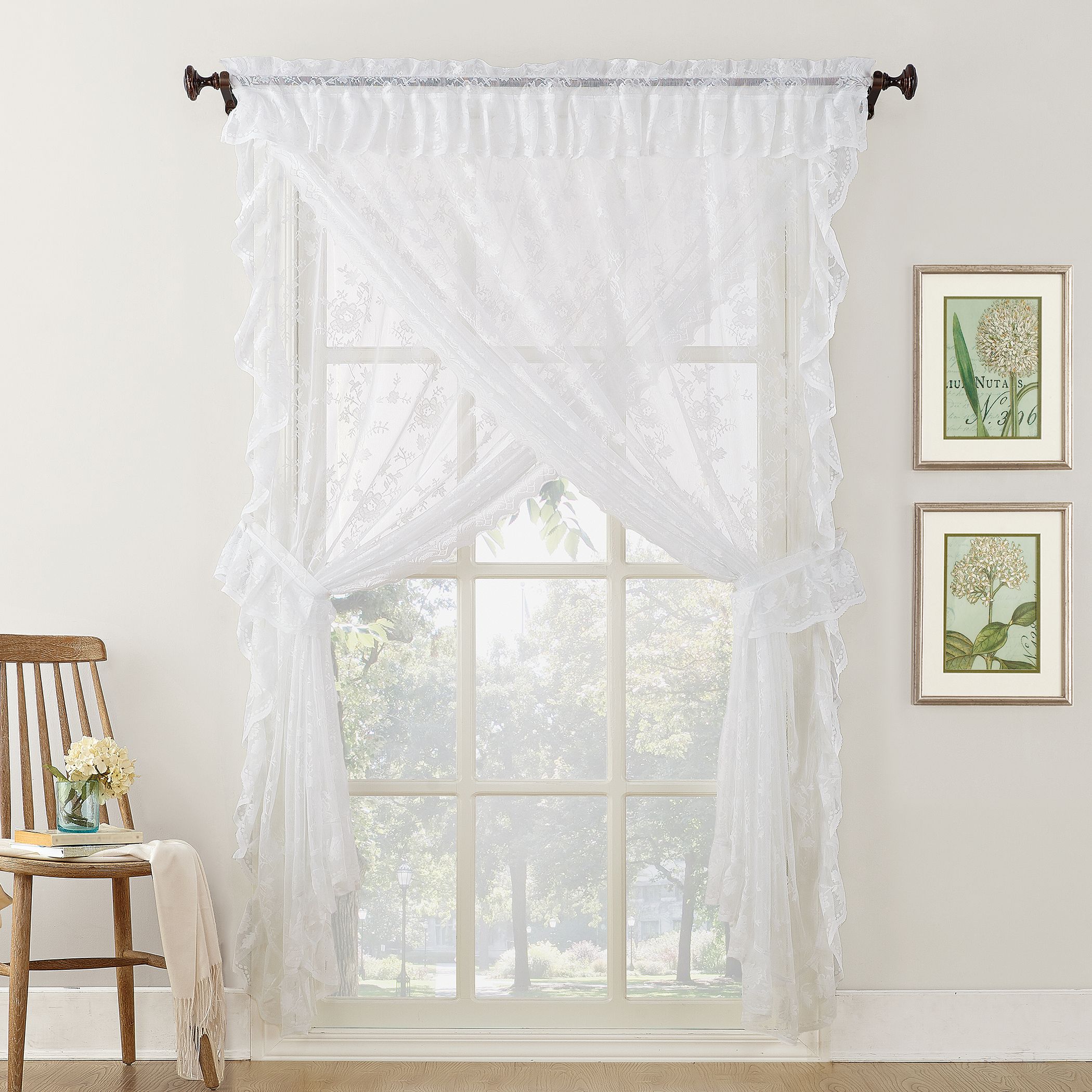 Alison Ruffled Floral Lace Sheer Priscilla 5pc Curtain Set Throughout White Micro Striped Semi Sheer Window Curtain Pieces (View 14 of 20)