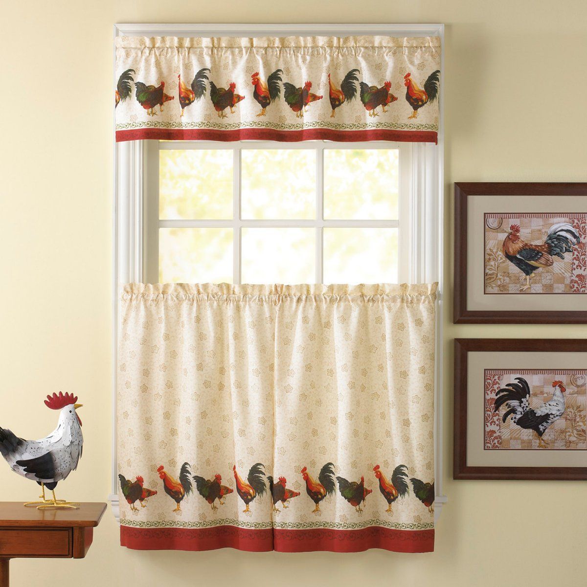 Awesome Kitchen Curtains Sets #1 Country Rooster Kitchen Within Traditional Two Piece Tailored Tier And Swag Window Curtains Sets With Ornate Rooster Print (View 8 of 20)