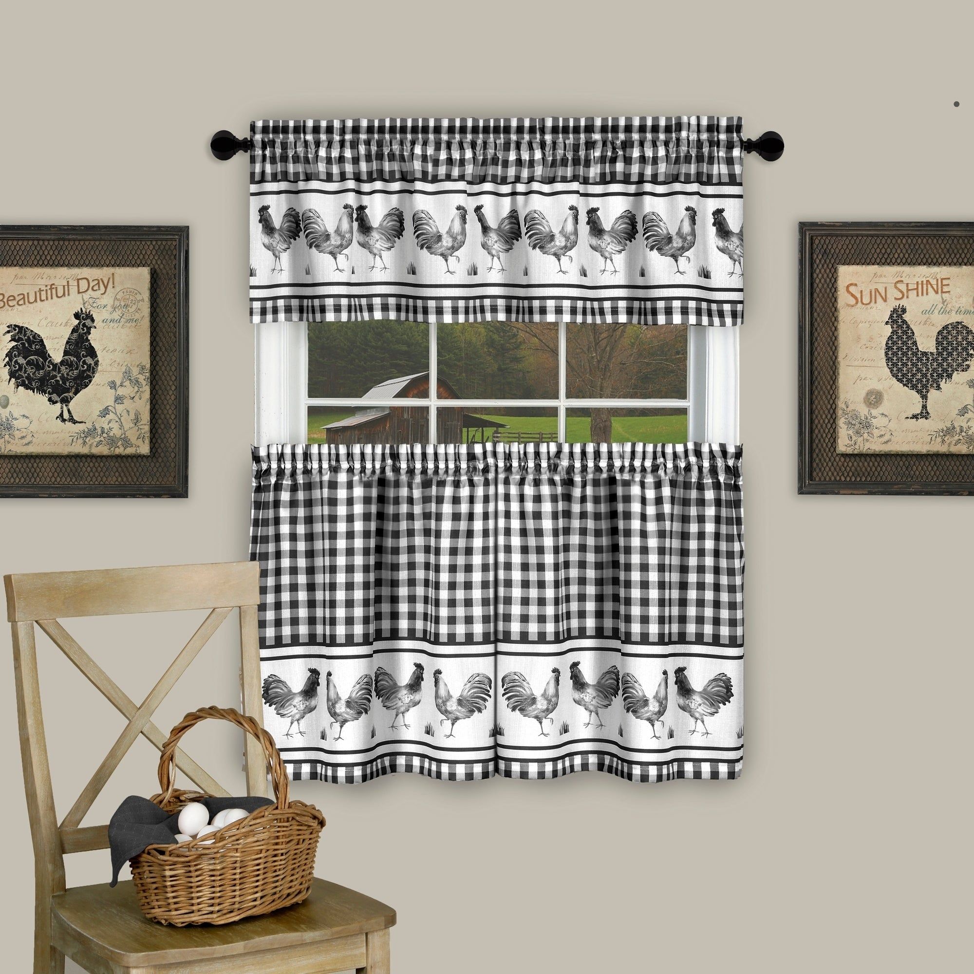 Barnyard Window Curtain Tier Pair And Valance Set Inside Traditional Two Piece Tailored Tier And Swag Window Curtains Sets With Ornate Rooster Print (Photo 3 of 20)