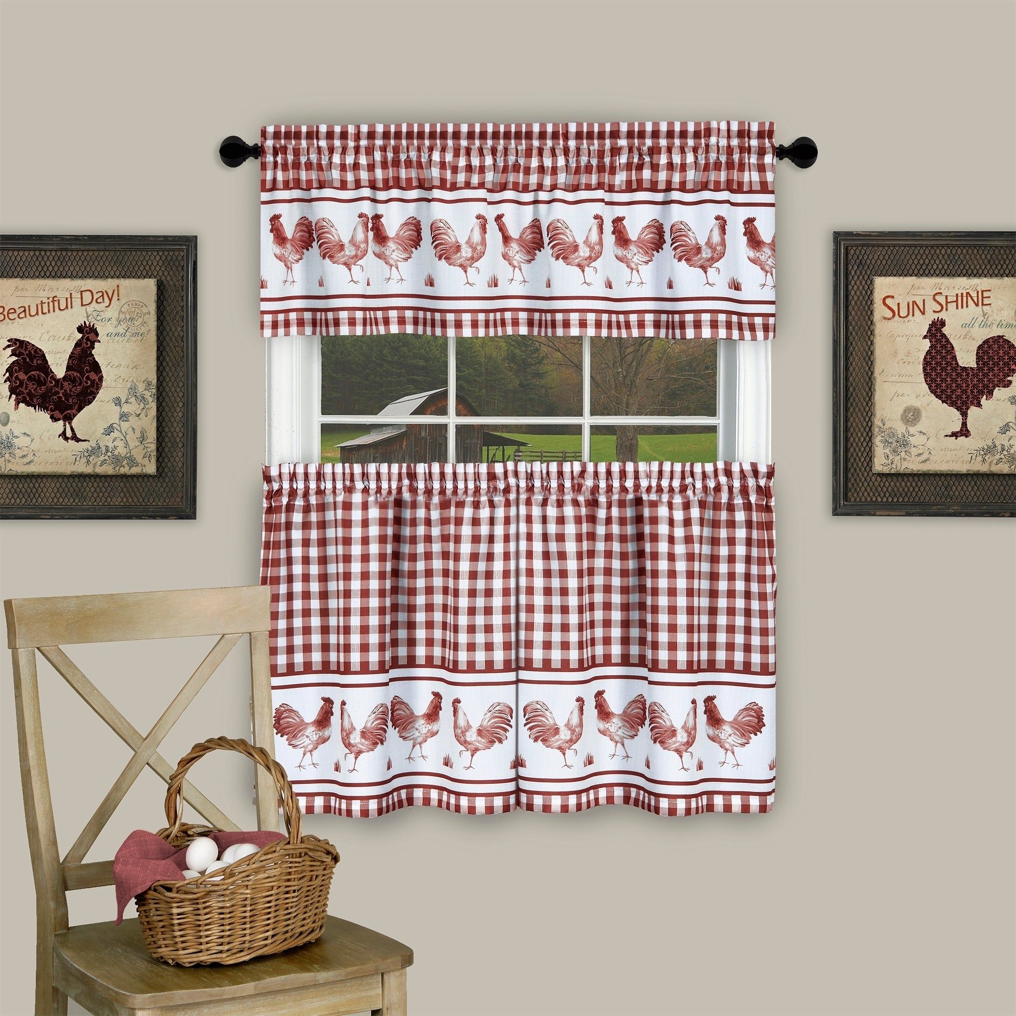 Barnyard Window Curtain Tier Pair And Valance Set Pertaining To Traditional Two Piece Tailored Tier And Swag Window Curtains Sets With Ornate Rooster Print (Photo 5 of 20)