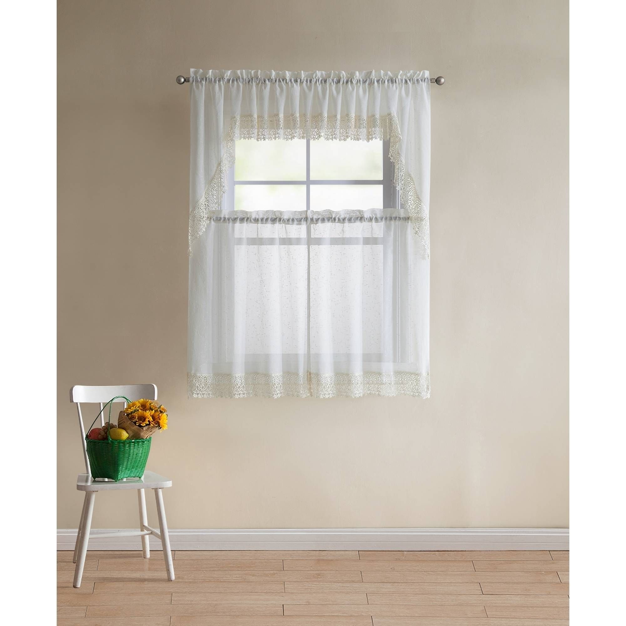 Better Homes & Gardens Lace Vines Kitchen Curtain Tiers And Pertaining To Floral Lace Rod Pocket Kitchen Curtain Valance And Tiers Sets (View 20 of 20)